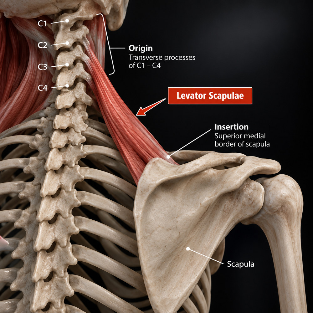 Anatomical view of the neck and upper back from behind. Levator scapulae is shown in red running from the transverse processes of the first four neck vertebrae down to the top inner corner of the shoulder blade.