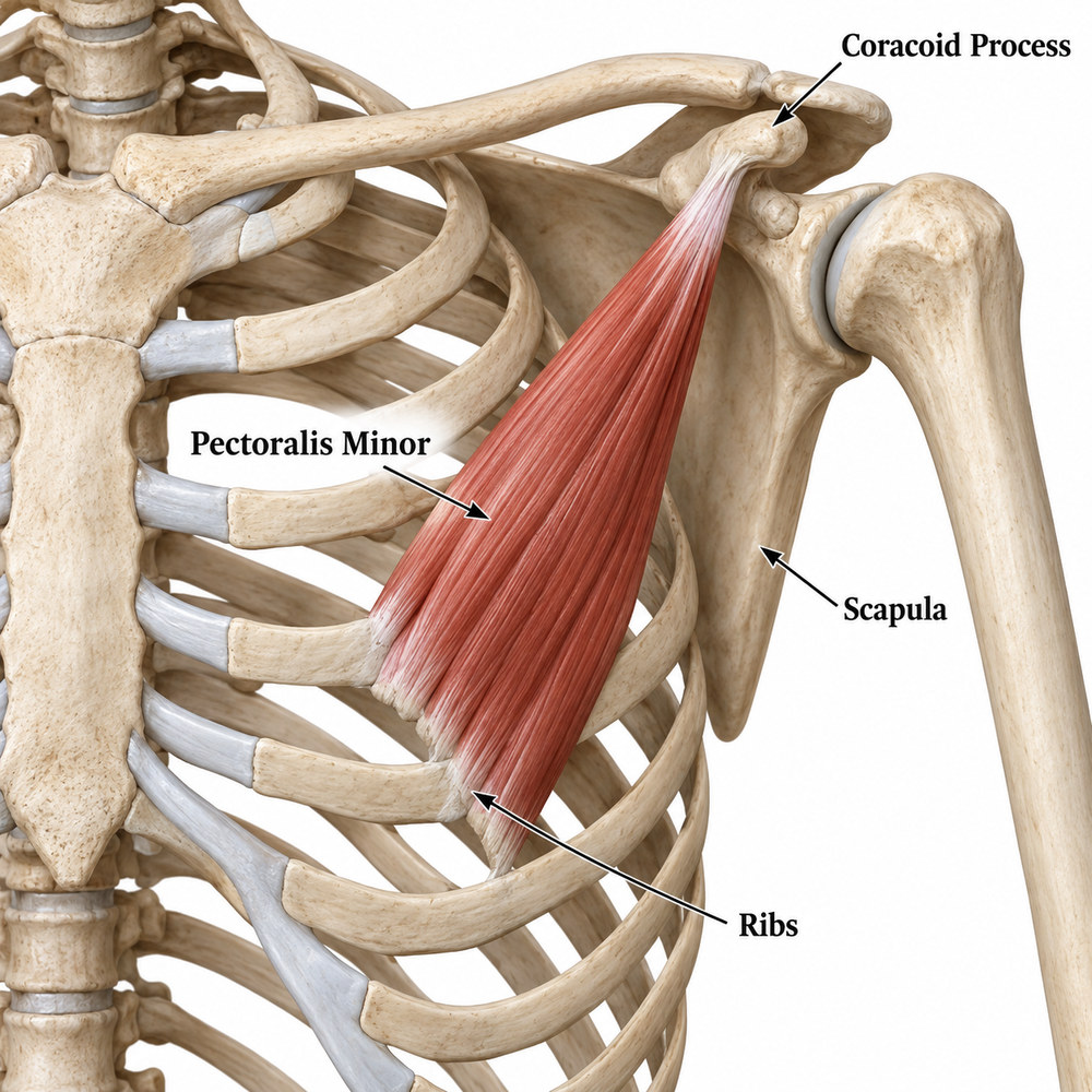 Anatomical view of the chest from the front. Pectoralis minor is shown in red running from the third, fourth and fifth ribs up to the coracoid process, a hook on the front of the shoulder blade.
