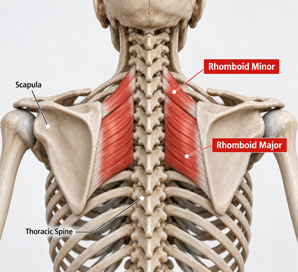 Anatomical view of the upper back from behind. The rhomboid major and minor are shown in red running from the spine of the upper back out to the inner edge of each shoulder blade.