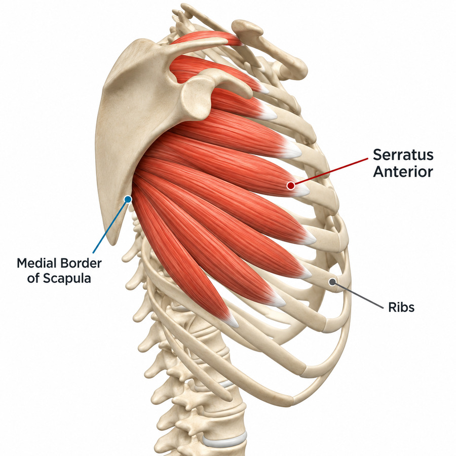 Anatomical view of the right rib cage and shoulder blade from the side. The serratus anterior is shown in red as a fan of nine muscular slips running from the ribs, around the cage, to the medial border of the scapula.
