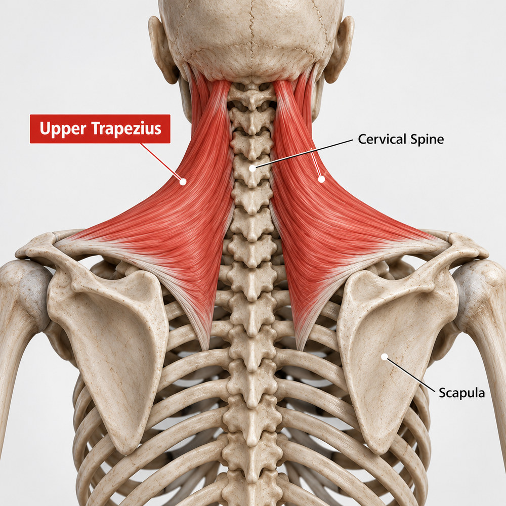 Anatomical view of the neck and upper back from behind. The upper trapezius is shown in red fanning from the base of the skull and the neck vertebrae out to the collarbone and the tip of the shoulder.